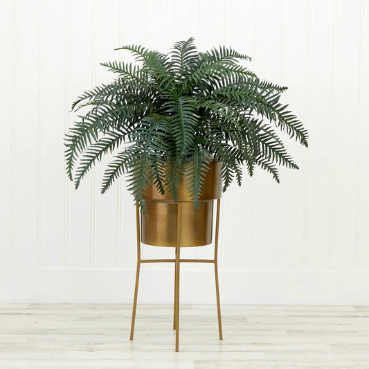 Artificial river fern in a gold metal planter with stand DIY kit on Tampa Home & Garden Store