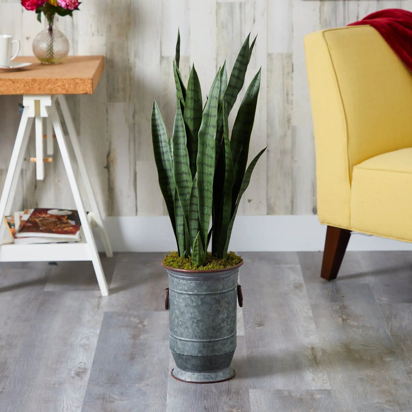 Sansevieria artificial plant in vintage metal planter with tall leaves by Nearly Natural on Tampa Home & Garden Store