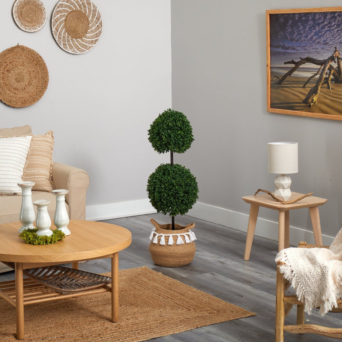 Árbol topiario de boj de doble bola de 3,5 pies con estilo bohemio chic, hecho a mano, natural, resistente a los rayos UV