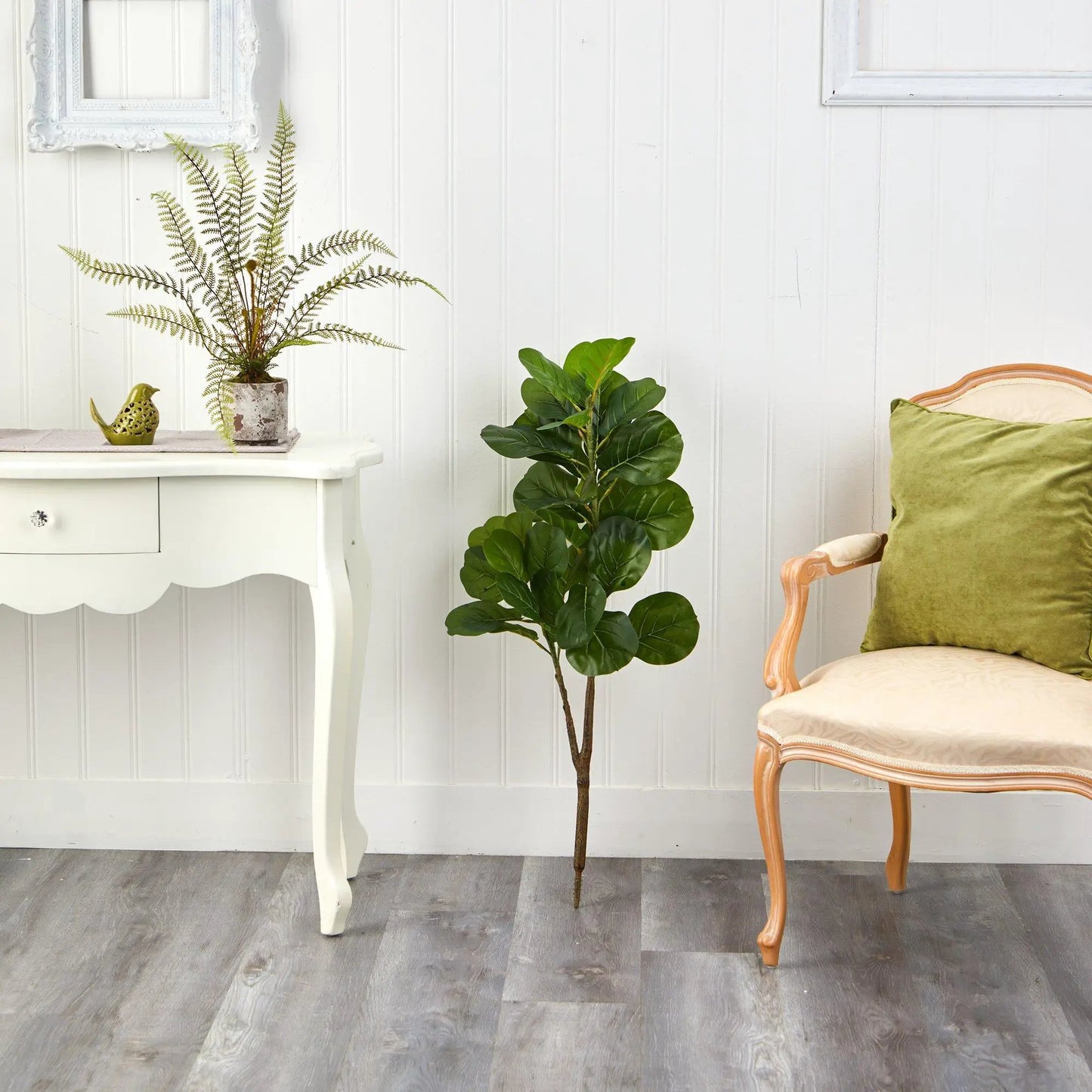 3.5 ft fiddle leaf fig artificial tree with glossy green leaves and a small potted plant nearby on Tampa Home & Garden Store
