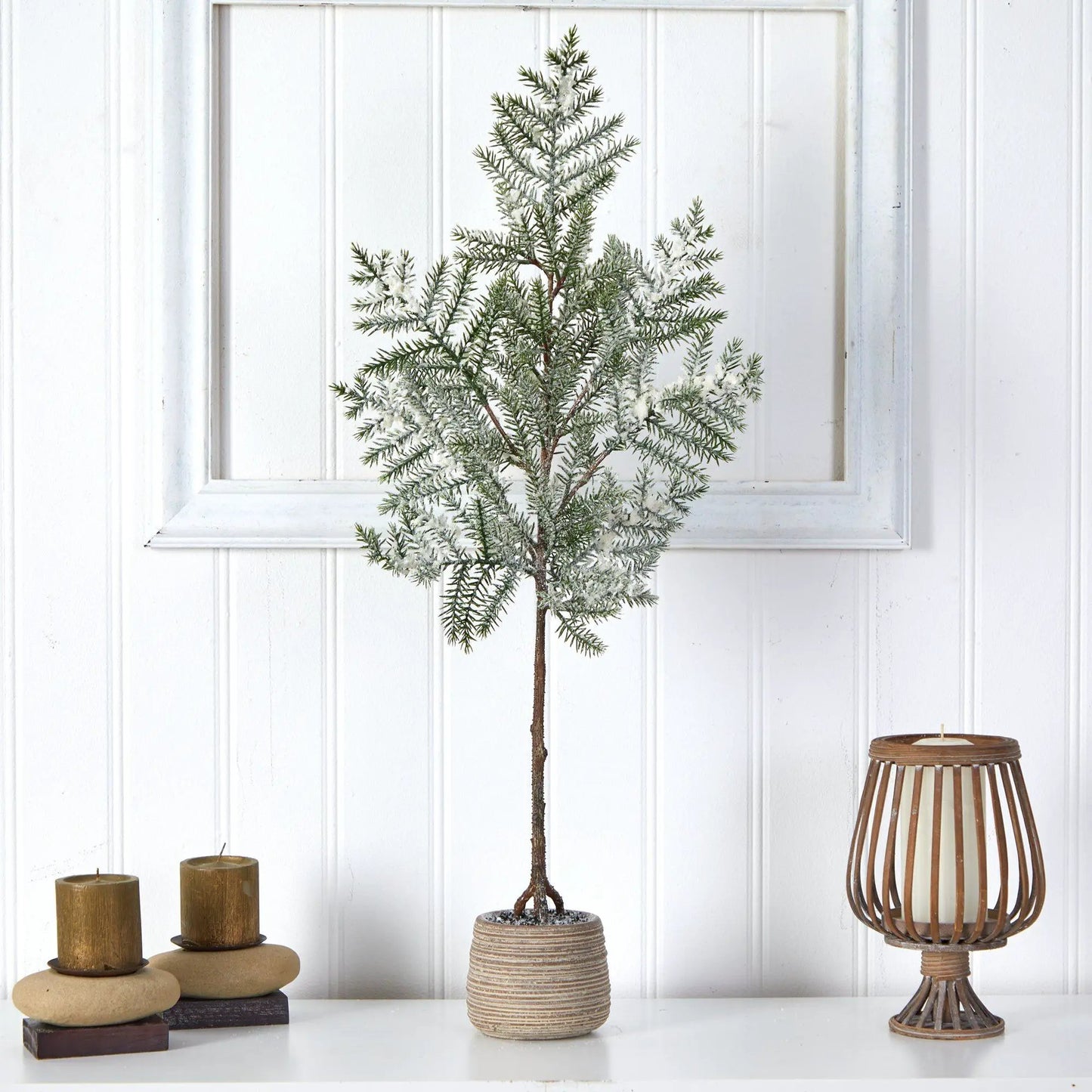 Frosted Pine artificial Christmas tree in textured planter with frosted tips Nearly Natural on Tampa Home & Garden Store
