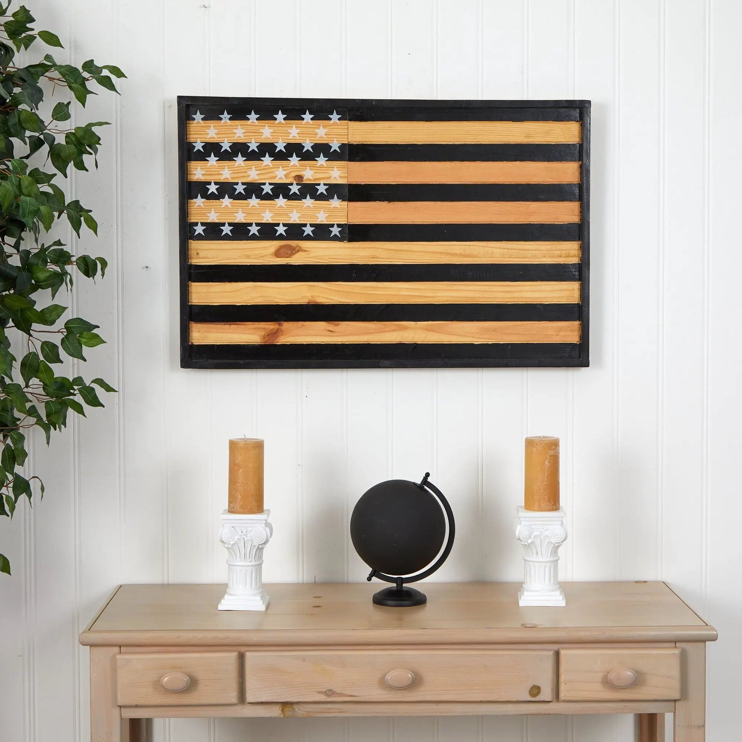 36 Inch Hand Painted American Flag Wood Wall Decor with rustic planks and black stripes on Tampa Home & Garden Store