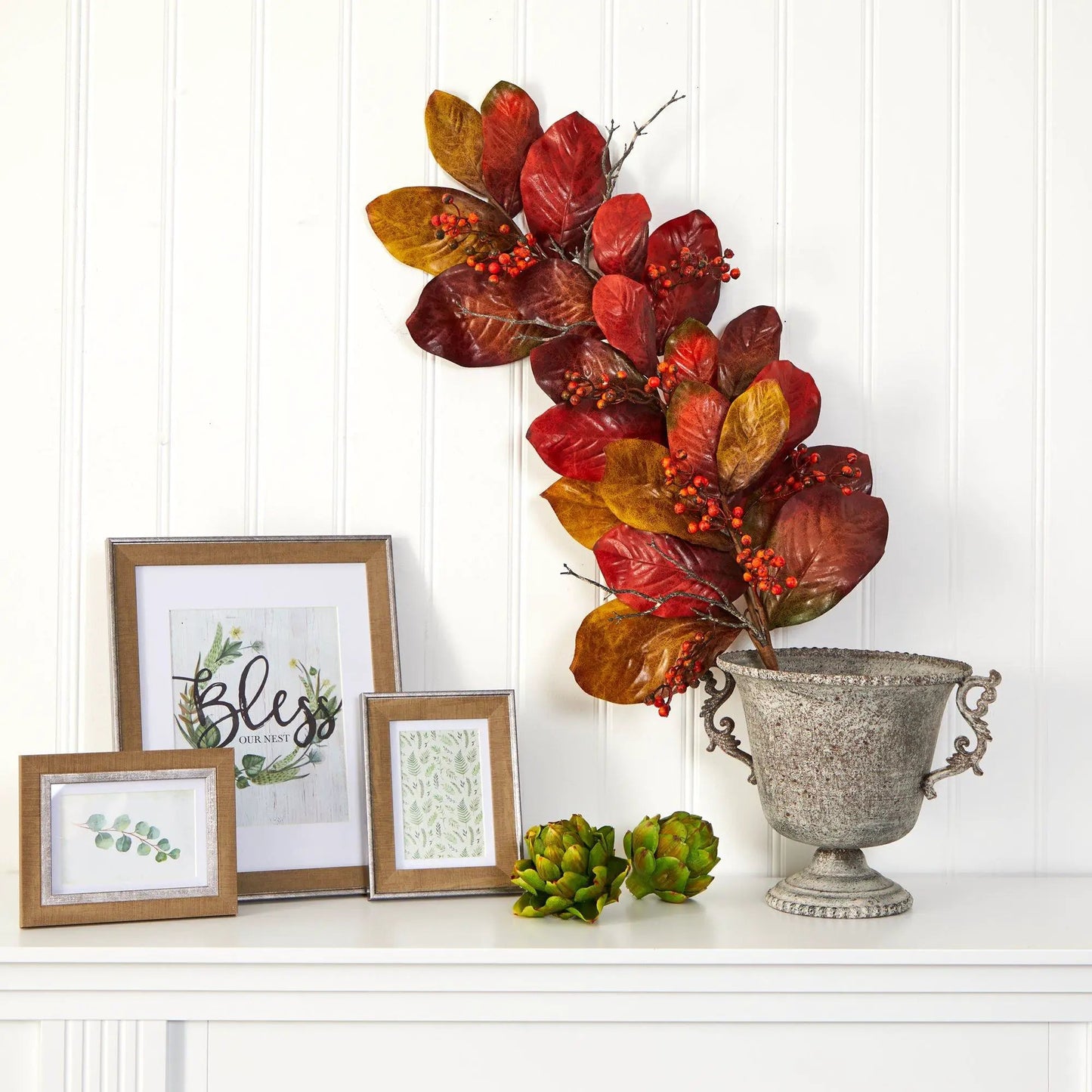 Autumn Magnolia Teardrop with Berries artificial foliage by Nearly Natural in red-orange leaves on Tampa Home & Garden Store