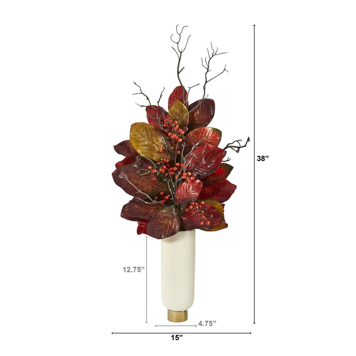Autumn Magnolia Leaf with Berries stem by Nearly Natural in cream planter with gold base on Tampa Home & Garden Store