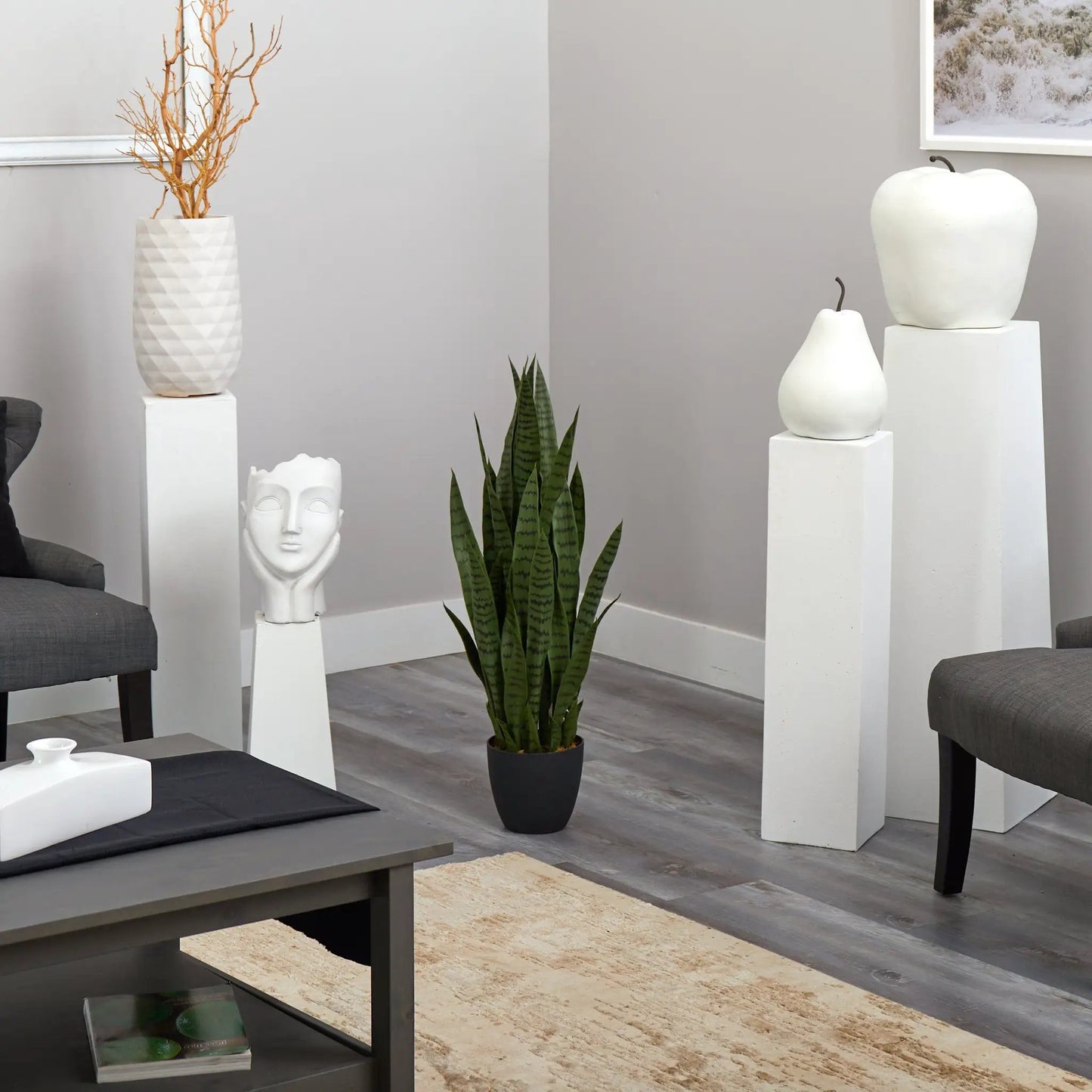 Nearly Natural Sansevieria artificial plant in a black pot with tall green leaves on Tampa Home & Garden Store