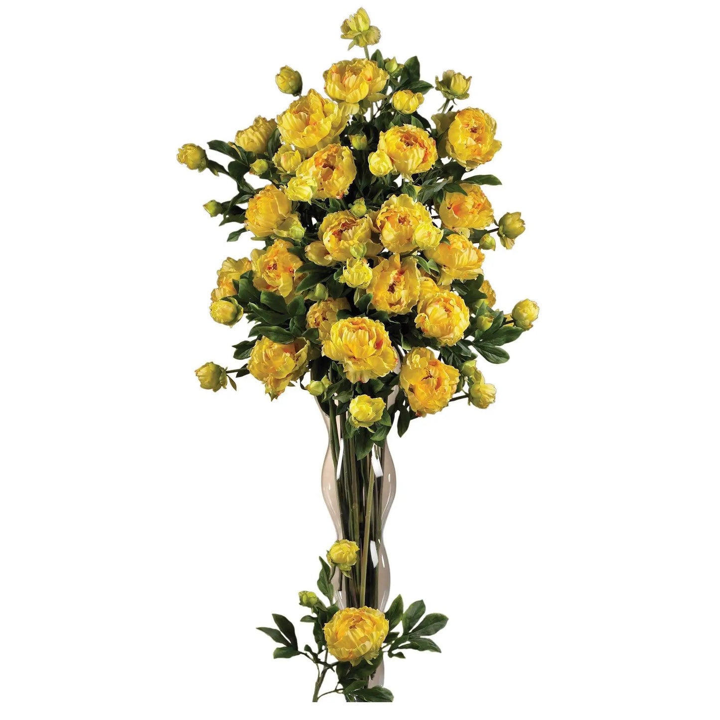 Peony Silk Stem with Leaves set of 12 yellow blooms in vase on Tampa Home & Garden Store
