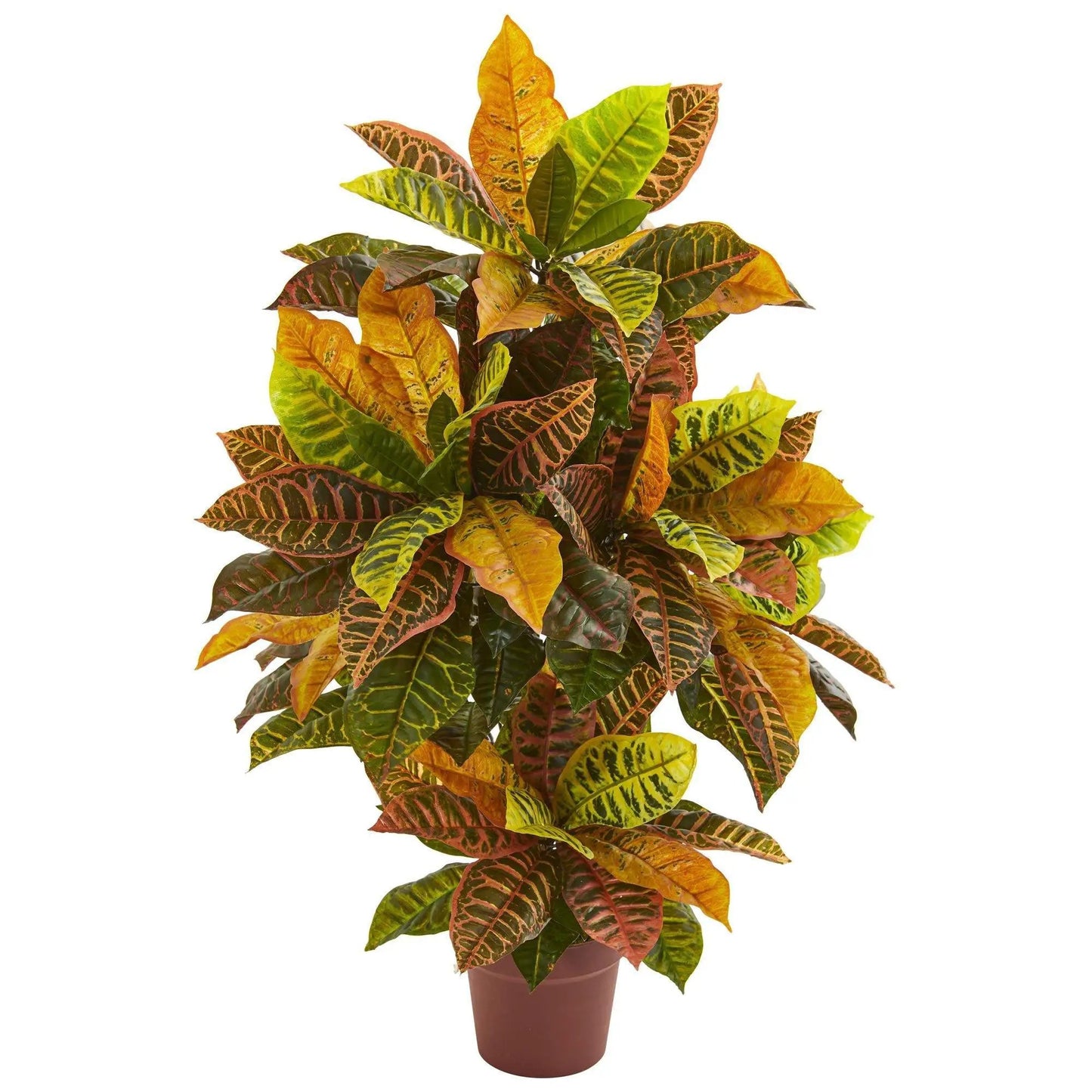 Croton artificial plant with real touch; leaves in yellow, green, orange in a brown pot on Tampa Home & Garden Store