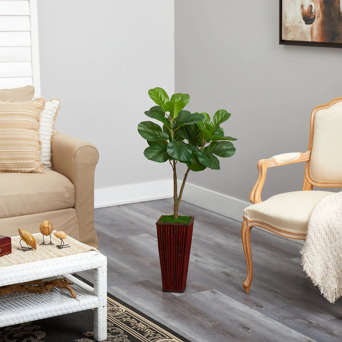 39-inch fiddle leaf fig artificial tree in bamboo planter, lush green leaves on Tampa Home & Garden Store