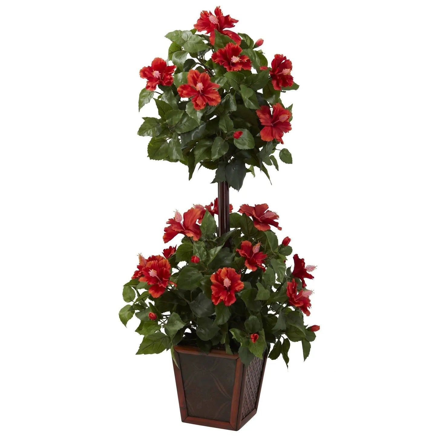 Double Hibiscus Topiary with Planter, red blooms and green leaves in brown planter on Tampa Home & Garden Store