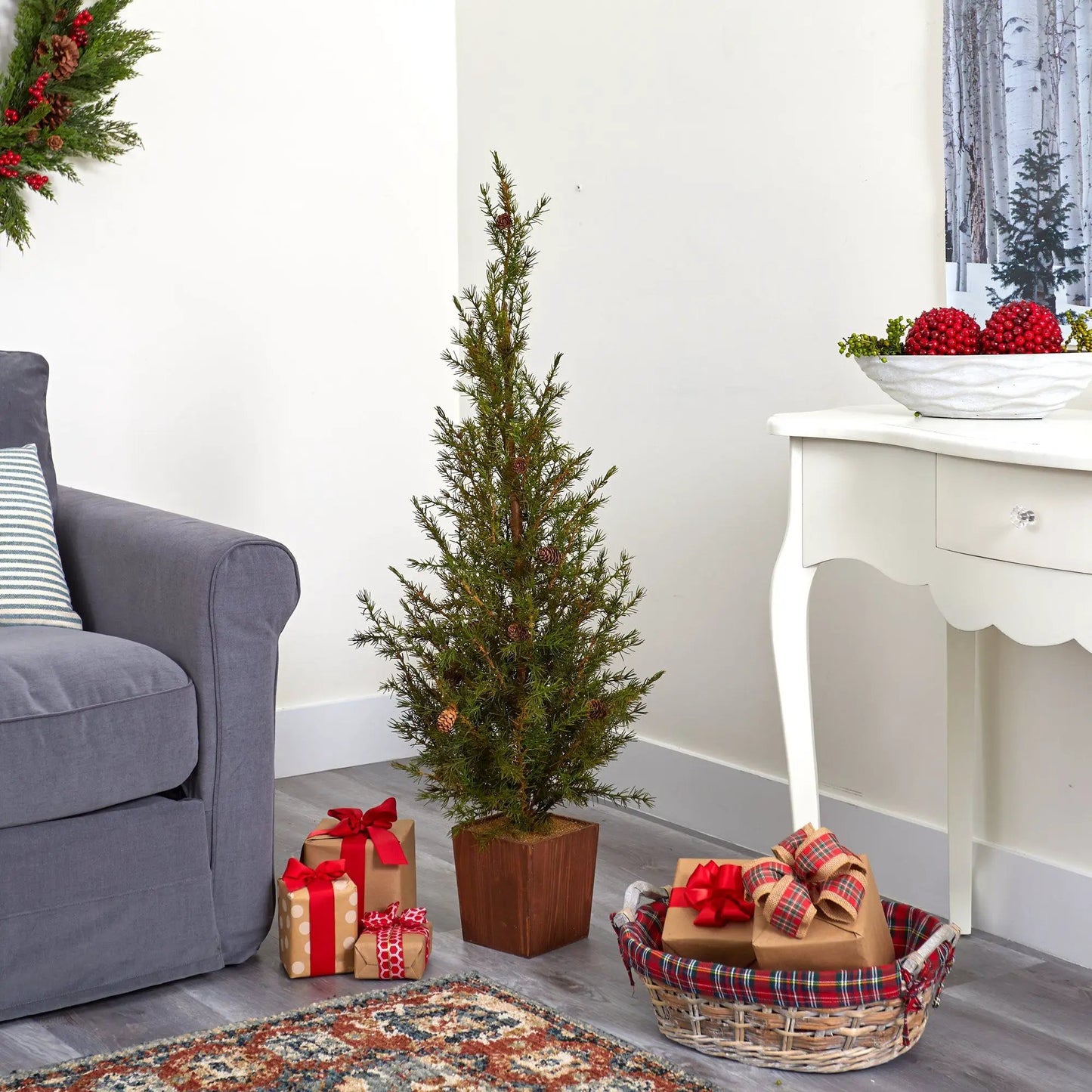 Alpine Natural Look Christmas Tree in Wood Planter, 4 ft artificial tree, Nearly Natural on Tampa Home & Garden Store