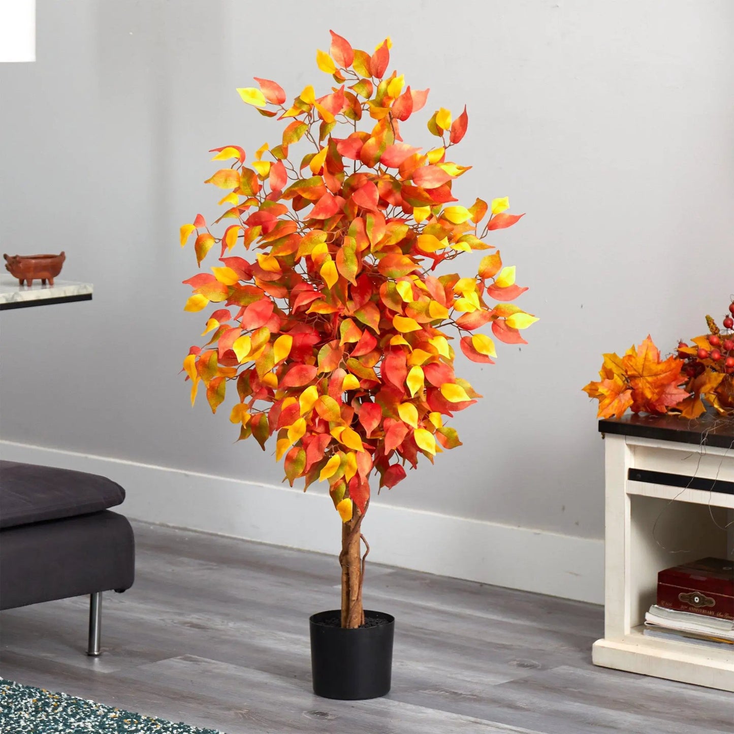 Autumn Ficus artificial fall tree with red, orange, yellow leaves in black pot on Tampa Home & Garden Store
