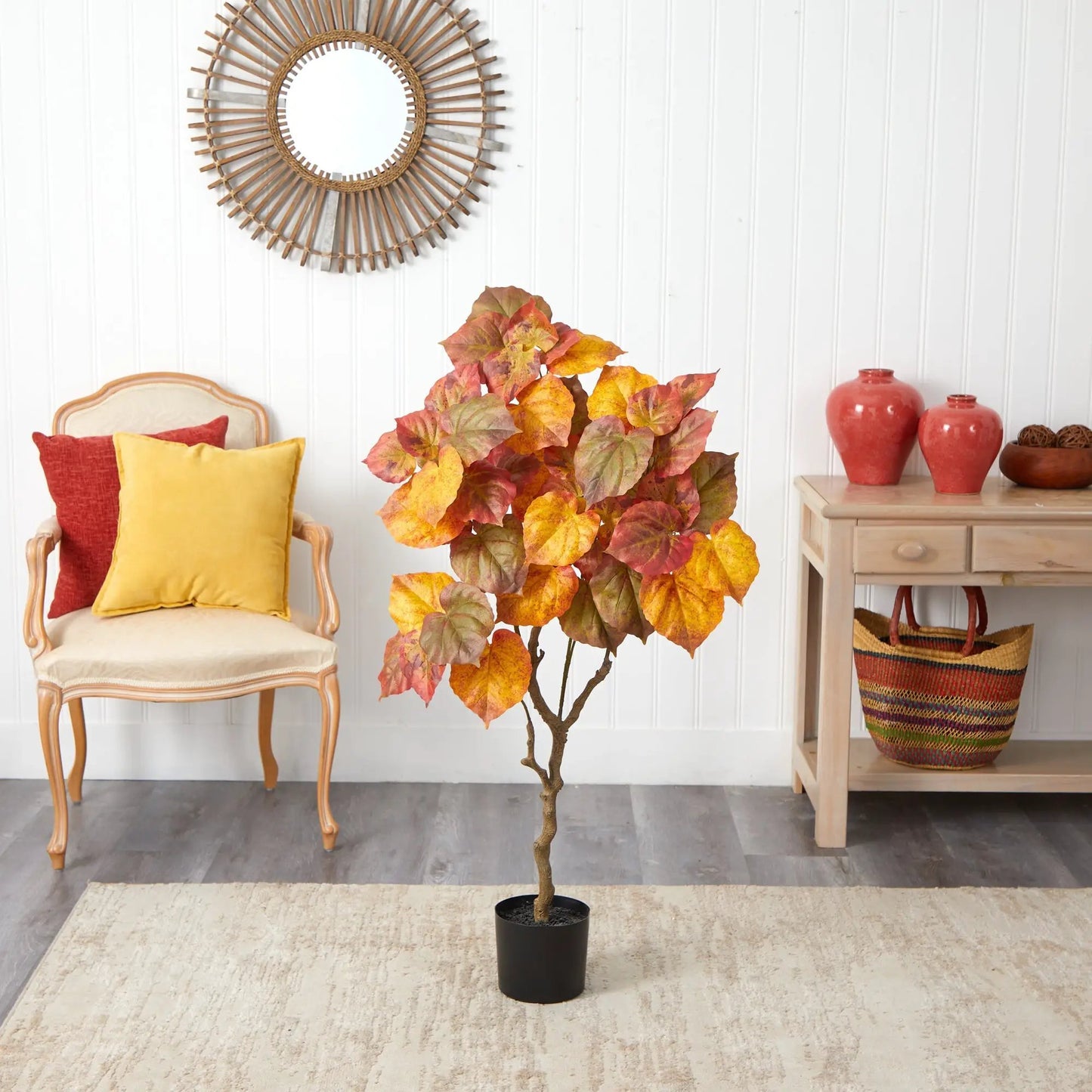 Autumn Umbrella Ficus artificial tree 4 ft by Nearly Natural in black pot with autumn-hued leaves on Tampa Home & Garden Store