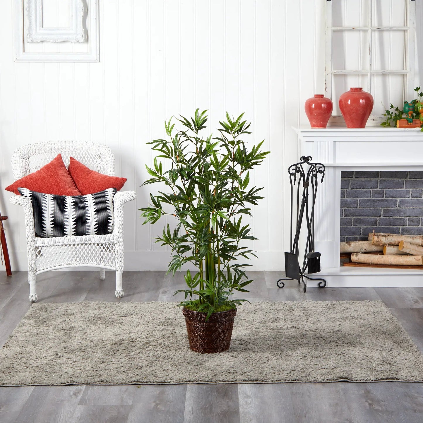 Tall Bamboo Tree in Rope Planter, artificial bamboo with green leaves in brown rope pot on Tampa Home & Garden Store