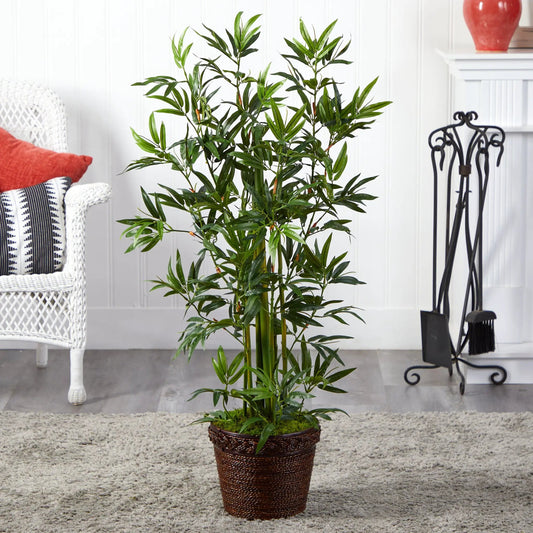 Tall bamboo tree in a coiled rope planter by Nearly Natural with green leaves on Tampa Home & Garden Store