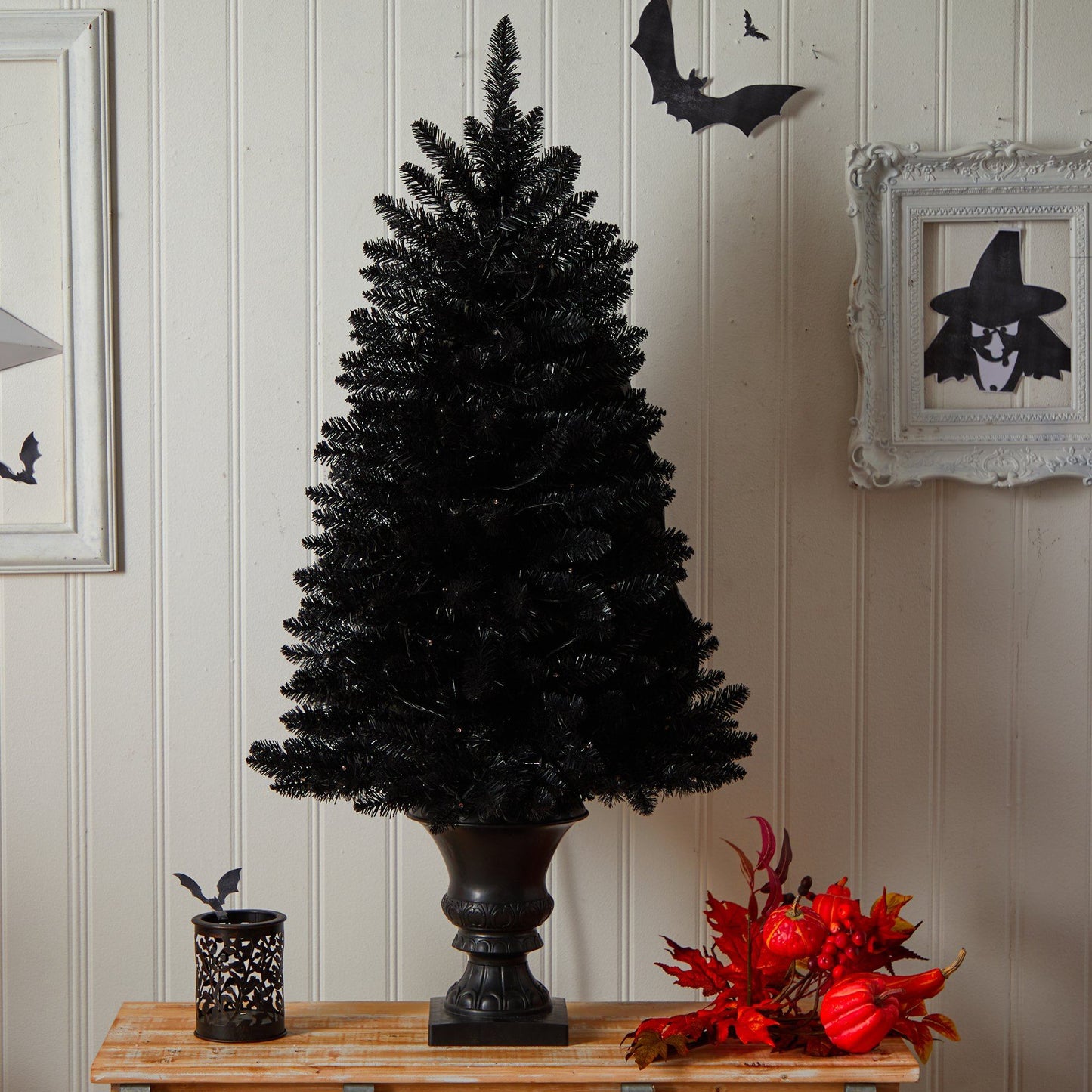 4’ Black Halloween Artificial Christmas Tree in Urn with 100 Orange LED Lights on Tampa Home & Garden Store