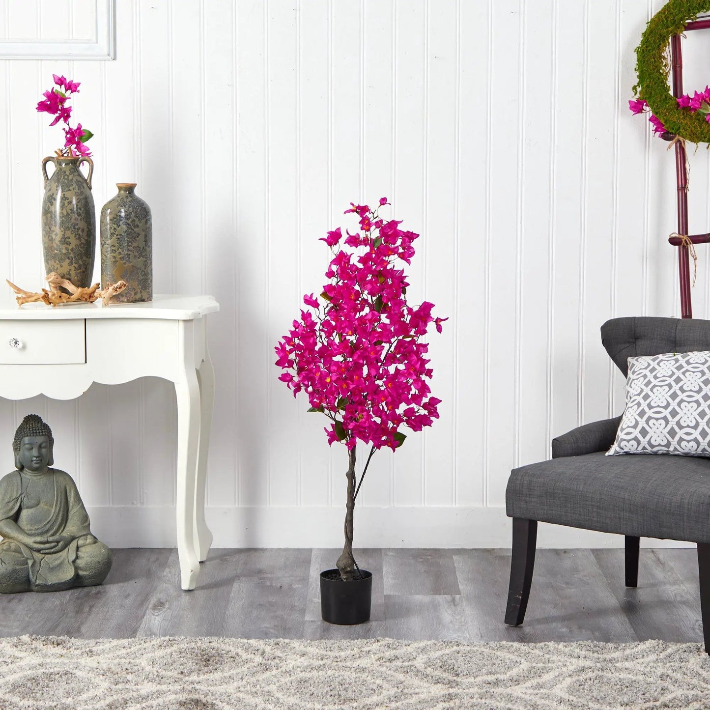 Bougainvillea artificial tree 4 ft tall pink blossoms in black pot Nearly Natural on Tampa Home & Garden Store