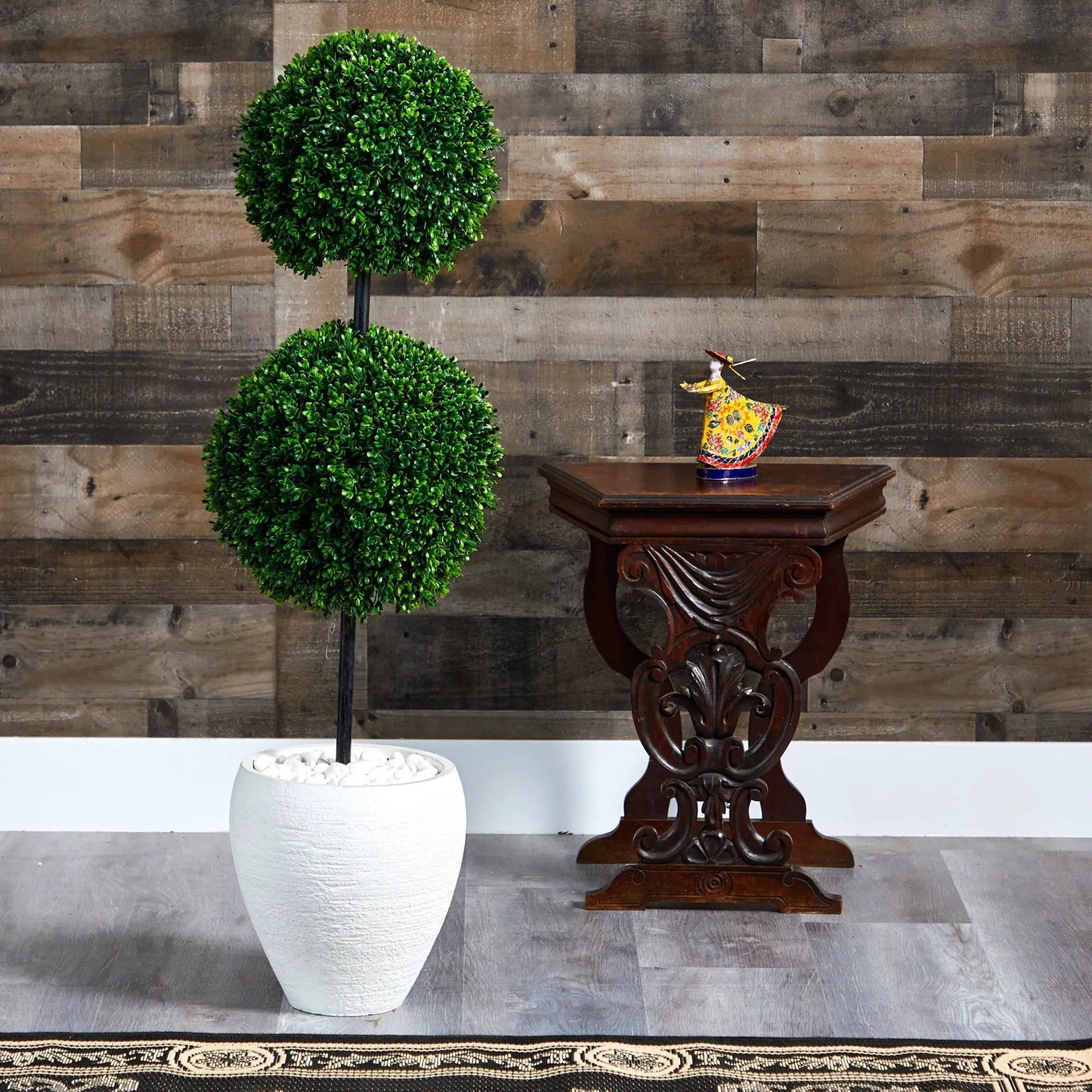 Nearly Natural Boxwood Double Ball Topiary in White Planter with green spheres on Tampa Home & Garden Store