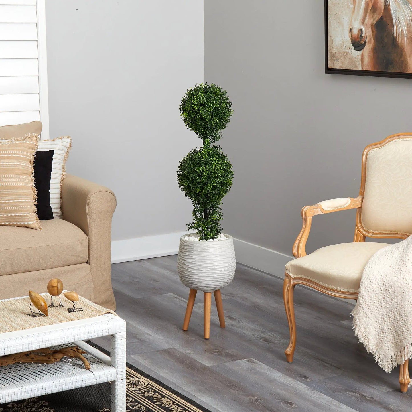 Boxwood double-ball topiary tree by Nearly Natural in white textured planter on a stand on Tampa Home & Garden Store