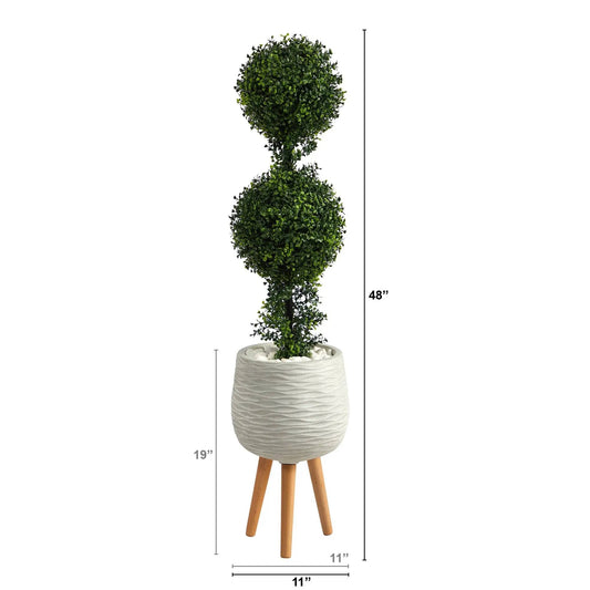 4’ Boxwood Double Ball Topiary Artificial Tree in White Planter with Stand (Indoor/Outdoor) - Tampa Home & Garden Store