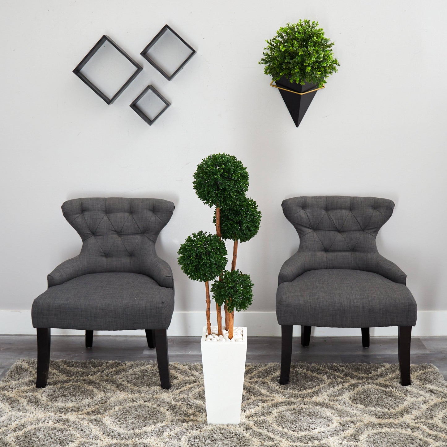 4 ft Boxwood Topiary in Planter by Nearly Natural, green foliage in white planter on Tampa Home & Garden Store