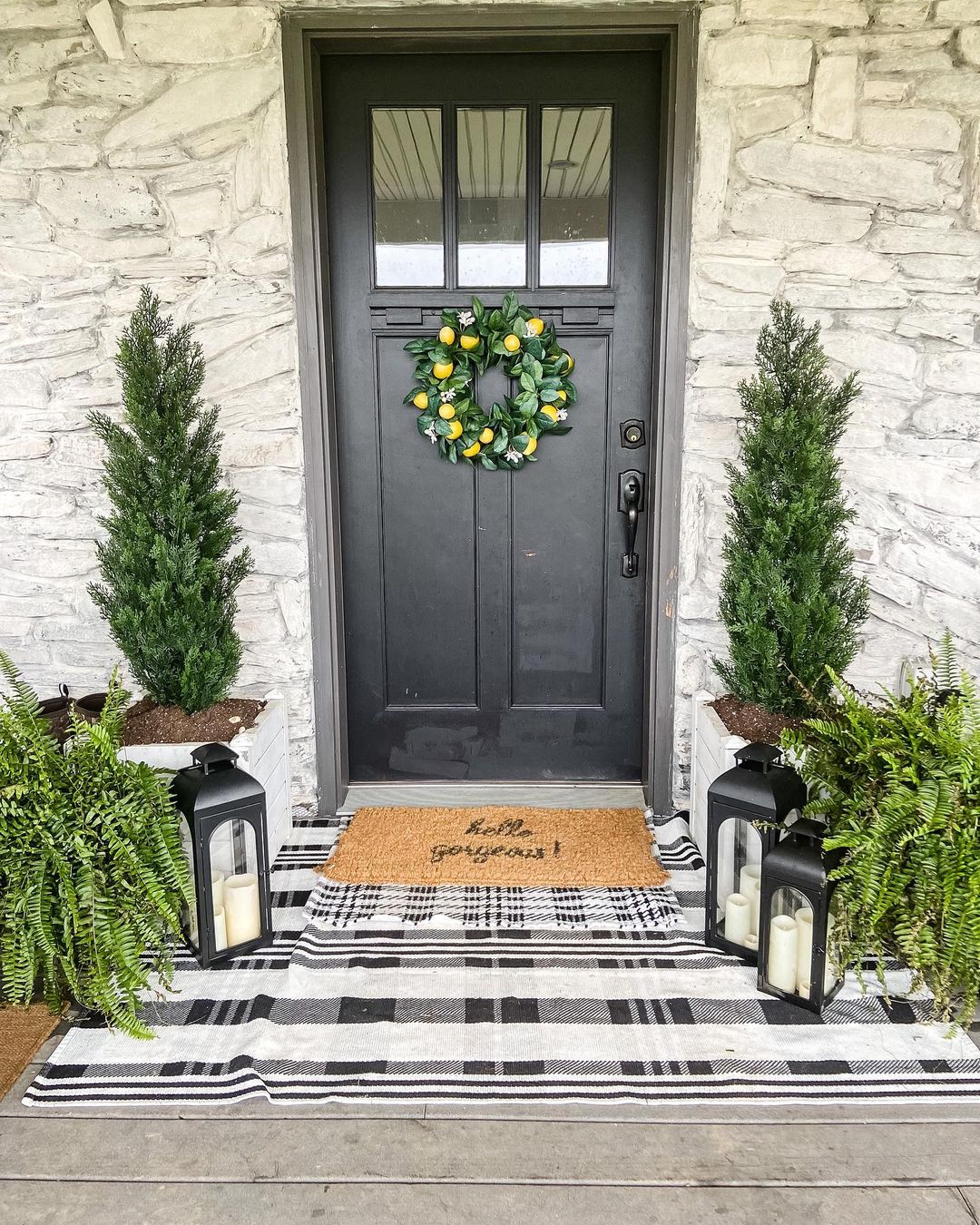 Traditional Spring Look Bundle by Nearly Natural lemon wreath on black door with two evergreens on Tampa Home & Garden Store