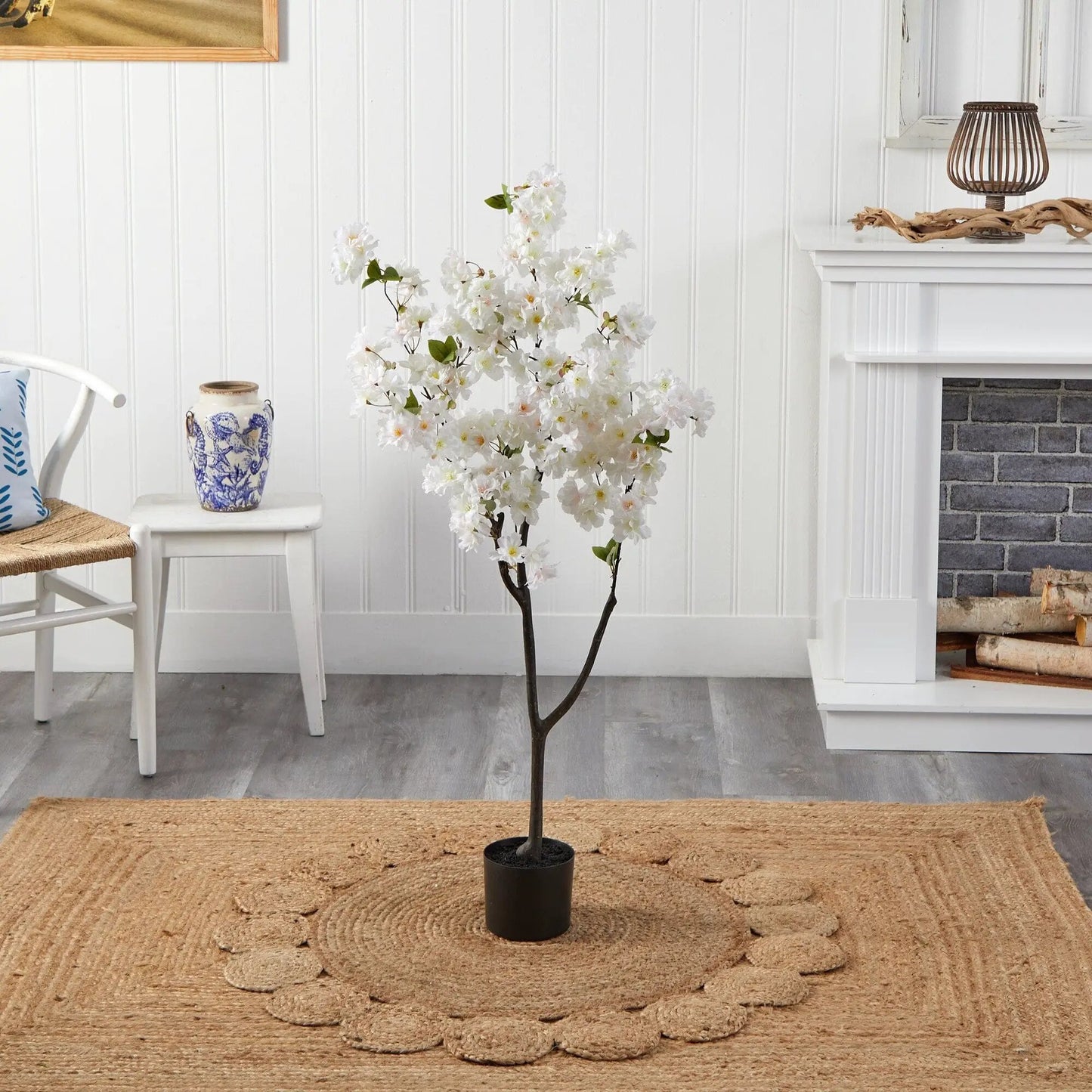 4 ft Cherry Blossom Artificial Tree with white blossoms in black pot Nearly Natural on Tampa Home & Garden Store
