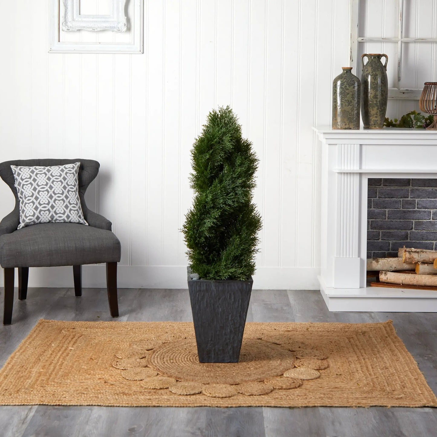 4 ft Cypress Double Spiral Topiary Tree in dark textured planter by Nearly Natural on Tampa Home & Garden Store
