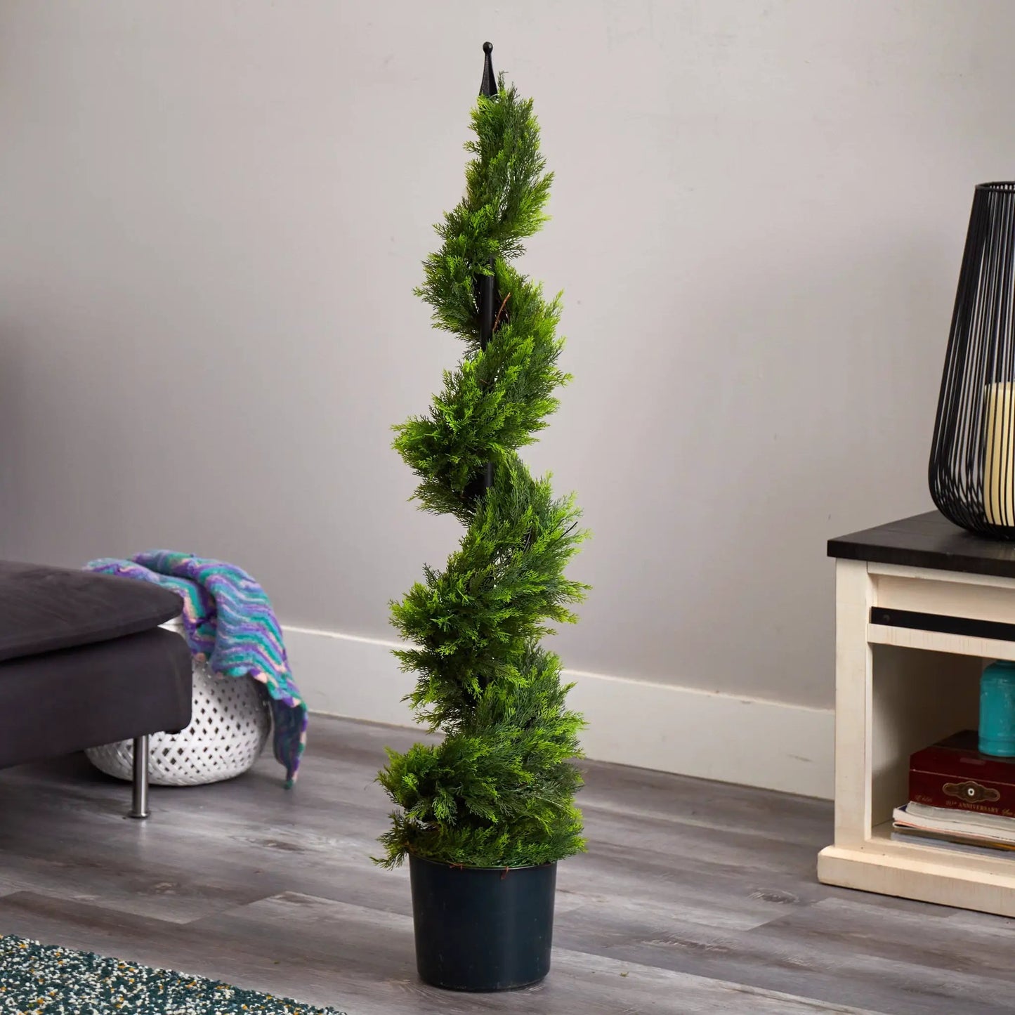 4 ft Cypress Spiral Silk Tree by Nearly Natural with green silk foliage in a black pot on Tampa Home & Garden Store