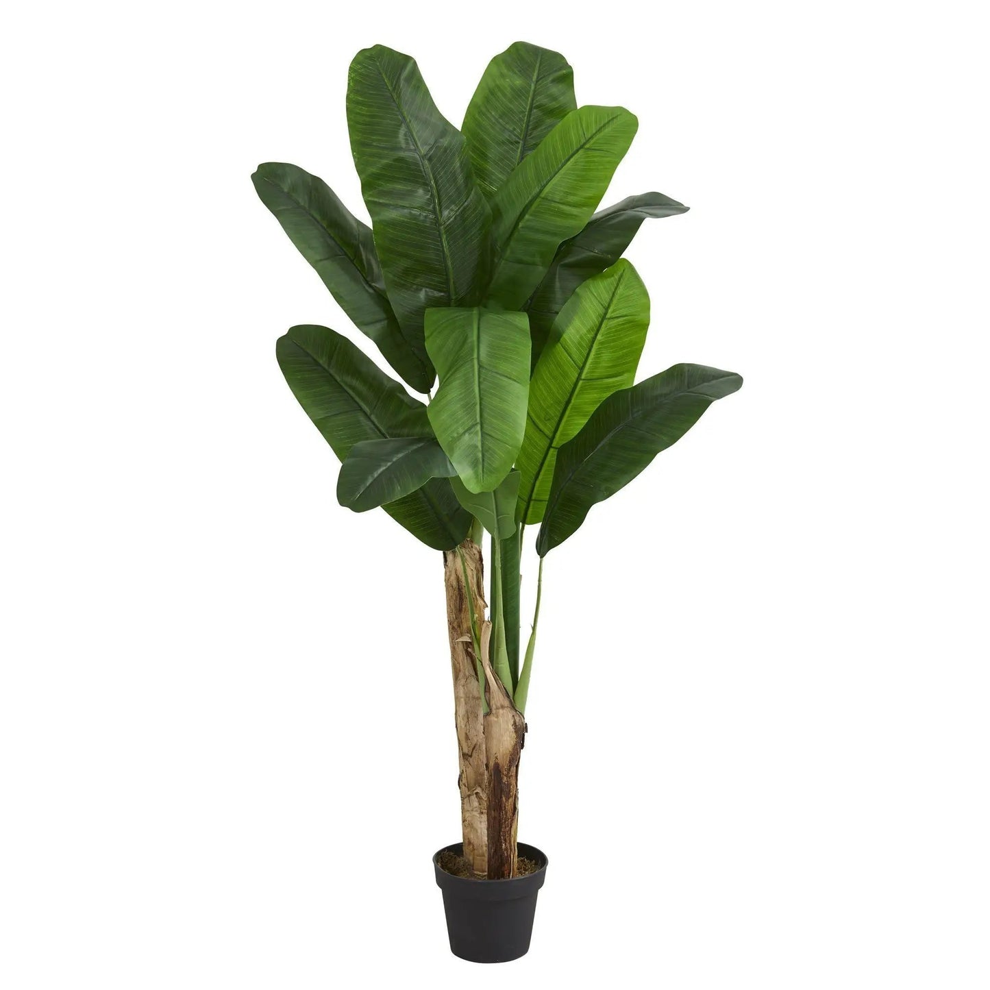 4 ft Double Stalk Banana Artificial Tree with green leaves in a black pot by Nearly Natural on Tampa Home & Garden Store