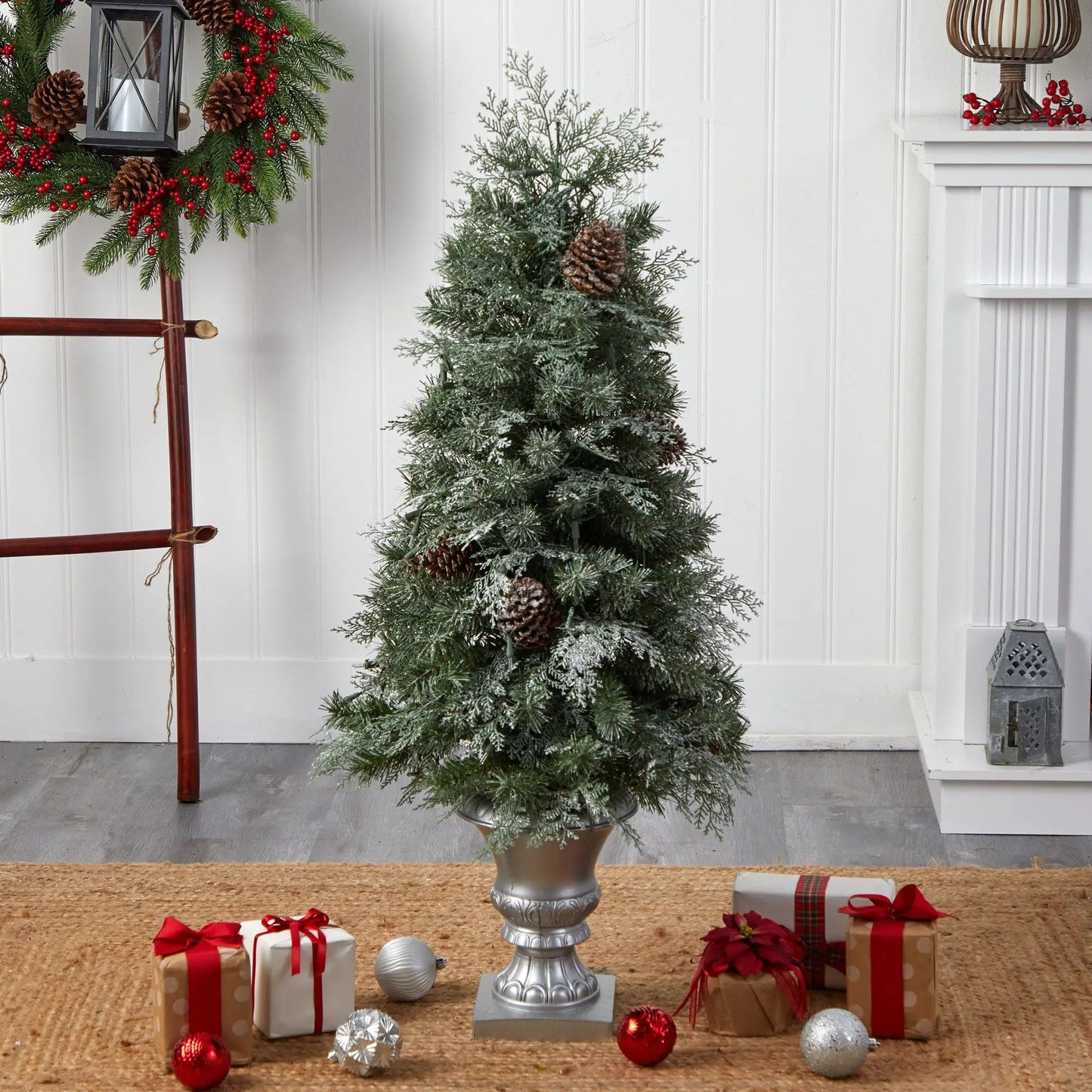 Nearly Natural 4 ft Pine Tree with 413 bendable branches in a silver urn, snow-dusted needles on Tampa Home & Garden Store