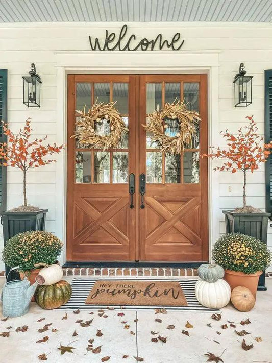 4 ft Fall Birch Artificial Tree porch display with autumn wreaths and pumpkins on Tampa Home & Garden Store