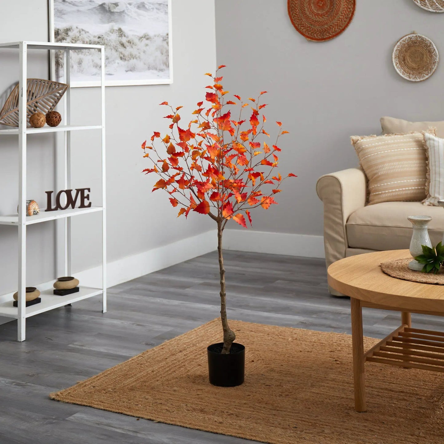 4 ft Fall Birch Artificial Tree with orange autumn leaves in a living room display Nearly Natural on Tampa Home & Garden Store
