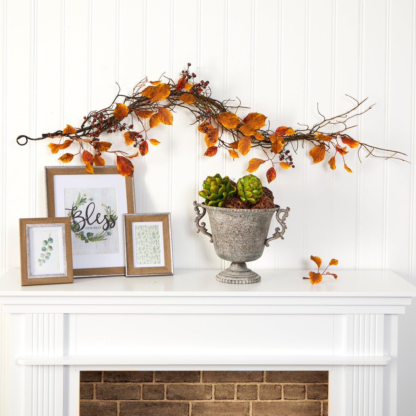 Fall foliage and berry twig artificial garland with orange leaves and red berries on Tampa Home & Garden Store