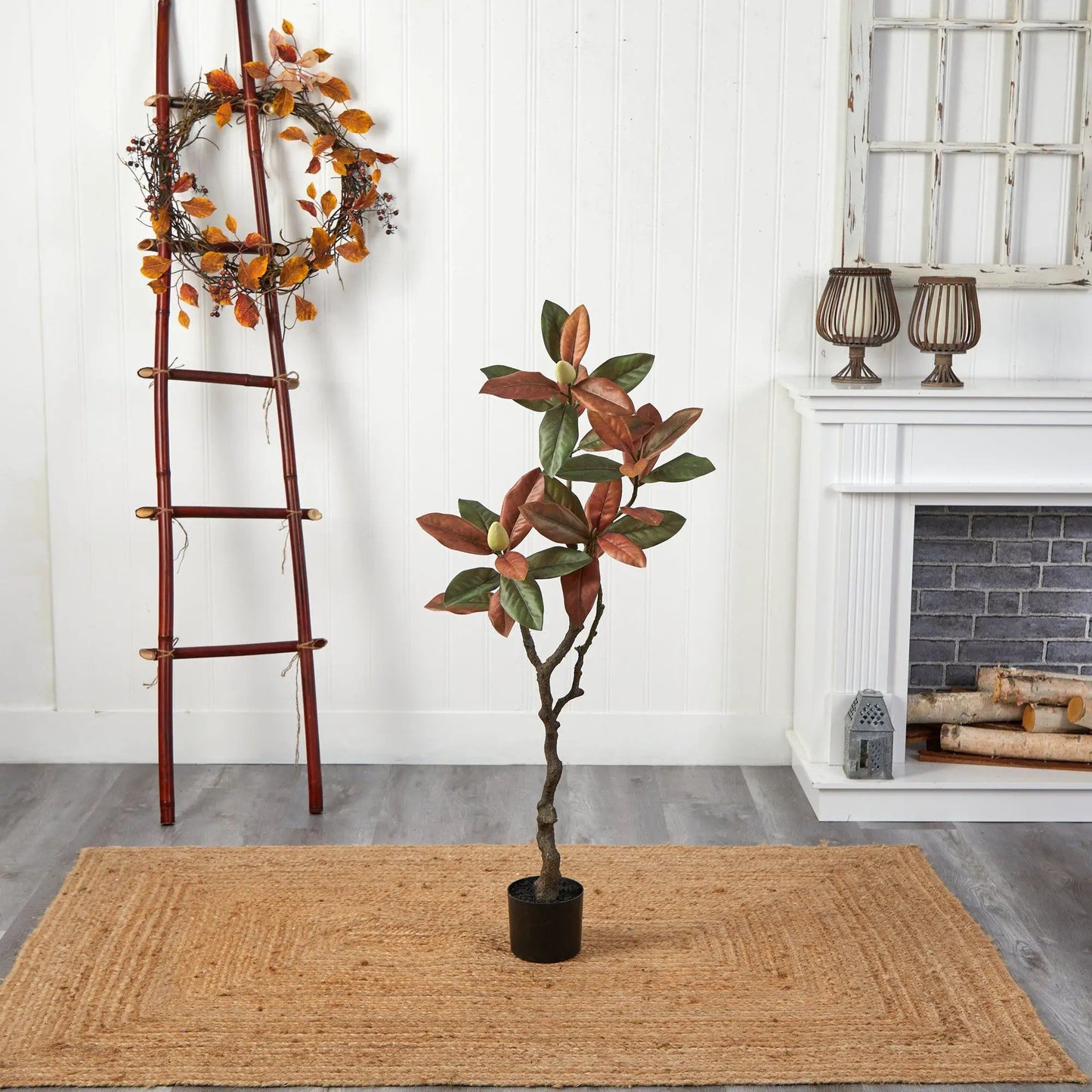 Fall Magnolia Artificial Tree 4 ft with autumn orange leaves by Nearly Natural in a black pot on Tampa Home & Garden Store