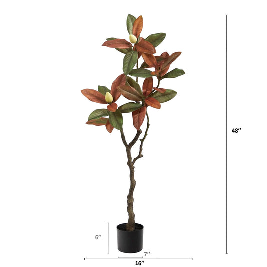 Fall Magnolia Artificial Tree, 4 ft tall by Nearly Natural with red-green autumn leaves in a black pot on Tampa Home & Garden Store