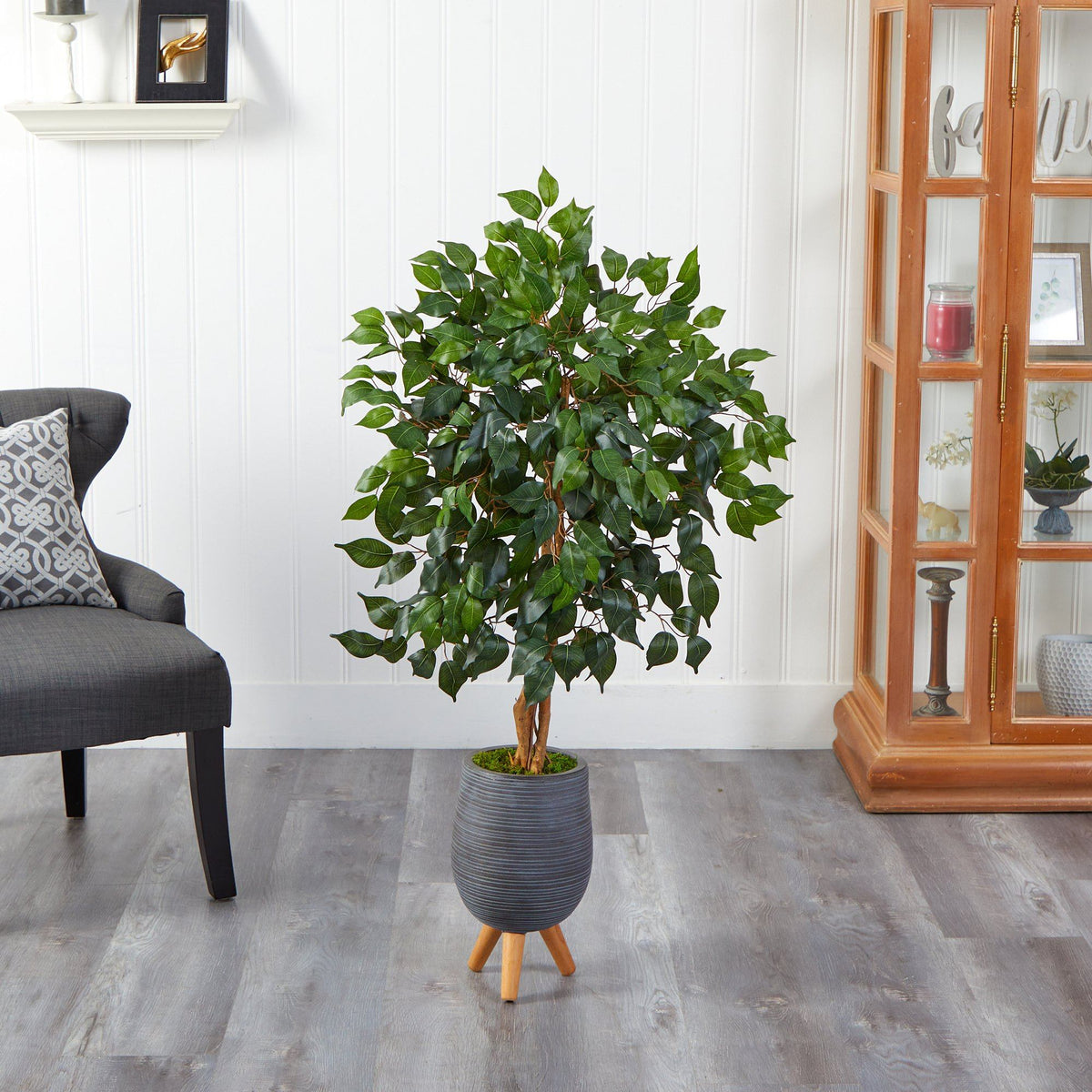 Nearly Natural 4’ ficus artificial tree in gray ribbed planter with wooden tripod stand on Tampa Home & Garden Store