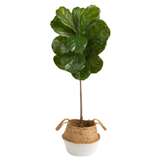 4 ft Fiddle Leaf Tree in Boho Chic White Planter by Nearly Natural on Tampa Home & Garden Store
