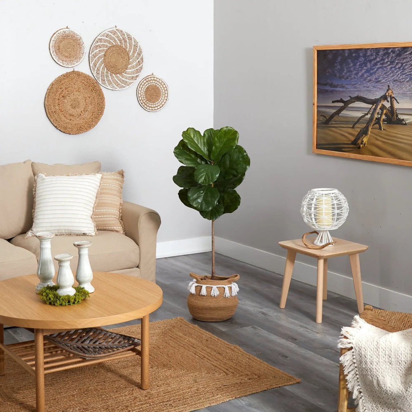 Fiddle Leaf Tree in Boho Cotton Woven Planter with tassels, Nearly Natural artificial tree on Tampa Home & Garden Store