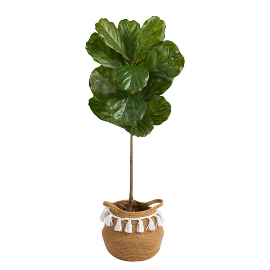 Fiddle Leaf Tree in Boho Cotton Woven Planter with tassels, green glossy leaves, Nearly Natural on Tampa Home & Garden Store