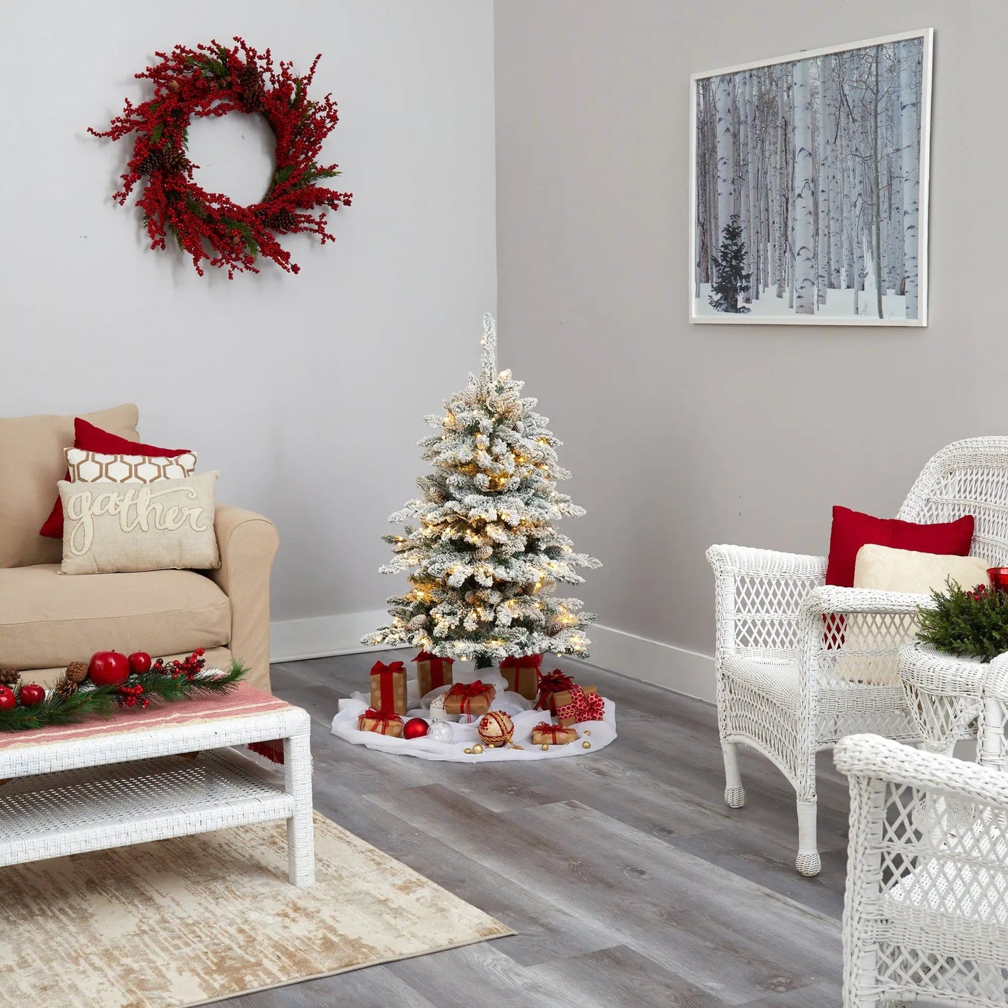 Flocked Livingston Fir Christmas Tree with warm white LED lights and snow-dusted branches on Tampa Home & Garden Store
