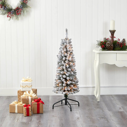 4 ft flocked pencil Christmas tree with lights Nearly Natural on Tampa Home & Garden Store