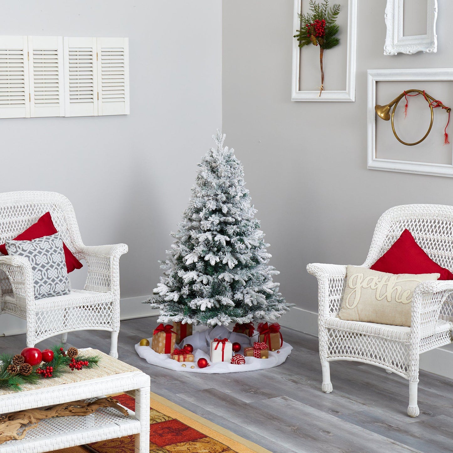 White-flocked Vermont Pine Christmas Tree, 4 ft, Nearly Natural with 100 LED lights on Tampa Home & Garden Store