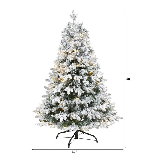 Nearly Natural Flocked Vermont Pine Christmas Tree, 4 ft tall, 100 clear LED lights on Tampa Home & Garden Store