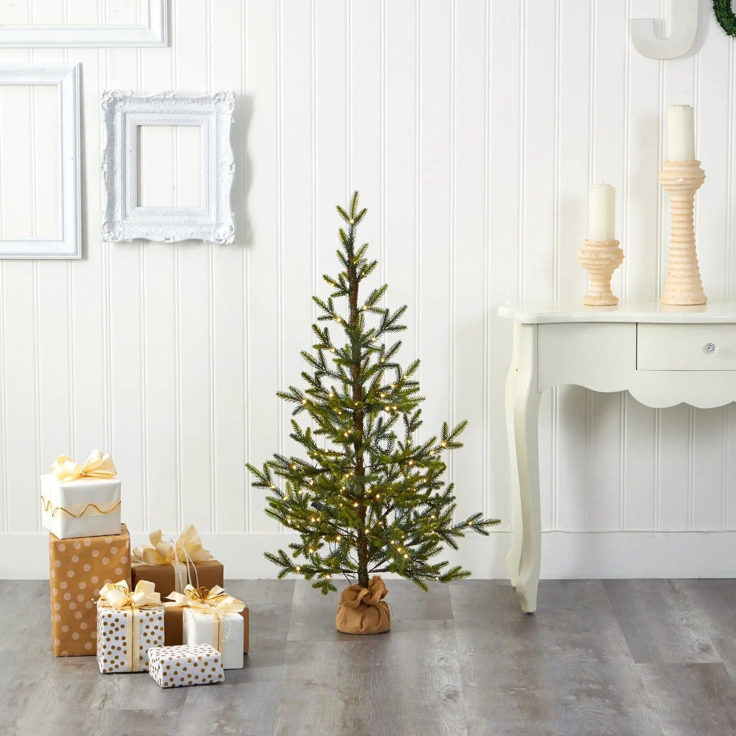 Fraser Fir Natural Look Artificial Christmas Tree 4 ft lit with 100 LED lights burlap base on Tampa Home & Garden Store