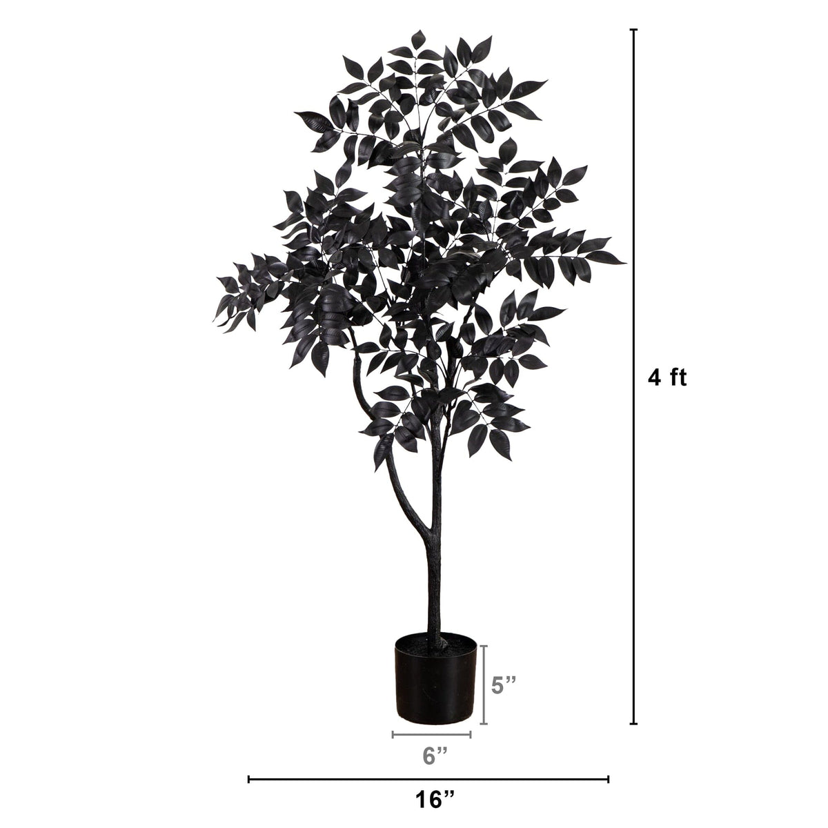 4 ft Nearly Natural artificial Halloween Black Sumac Tree with black leaves in a black pot on Tampa Home & Garden Store