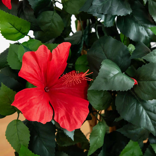 4 ft hibiscus tree in bloom artificial plant by Nearly Natural with red flower and gnarly trunks on Tampa Home & Garden Store