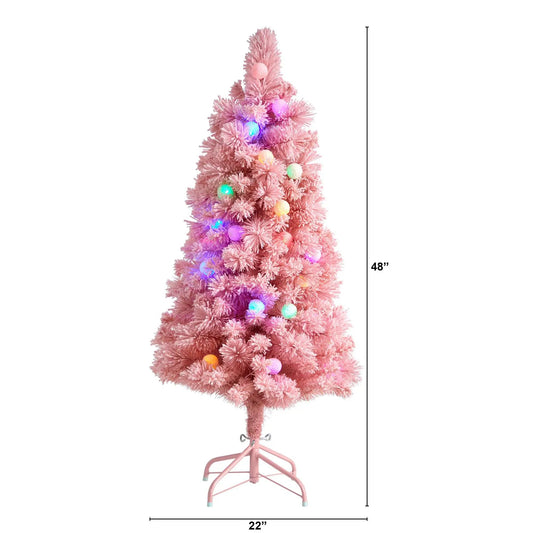 Pink frosted Christmas tree with 30 globe lights, Nearly Natural, 48in tall on pink metal stand on Tampa Home & Garden Store
