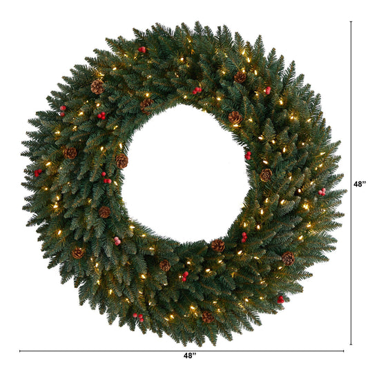 Wreath Nearly Natural 4 ft flocked evergreen with pinecones, red berries, 150 LED lights and bendable branches on Tampa Home & Garden Store