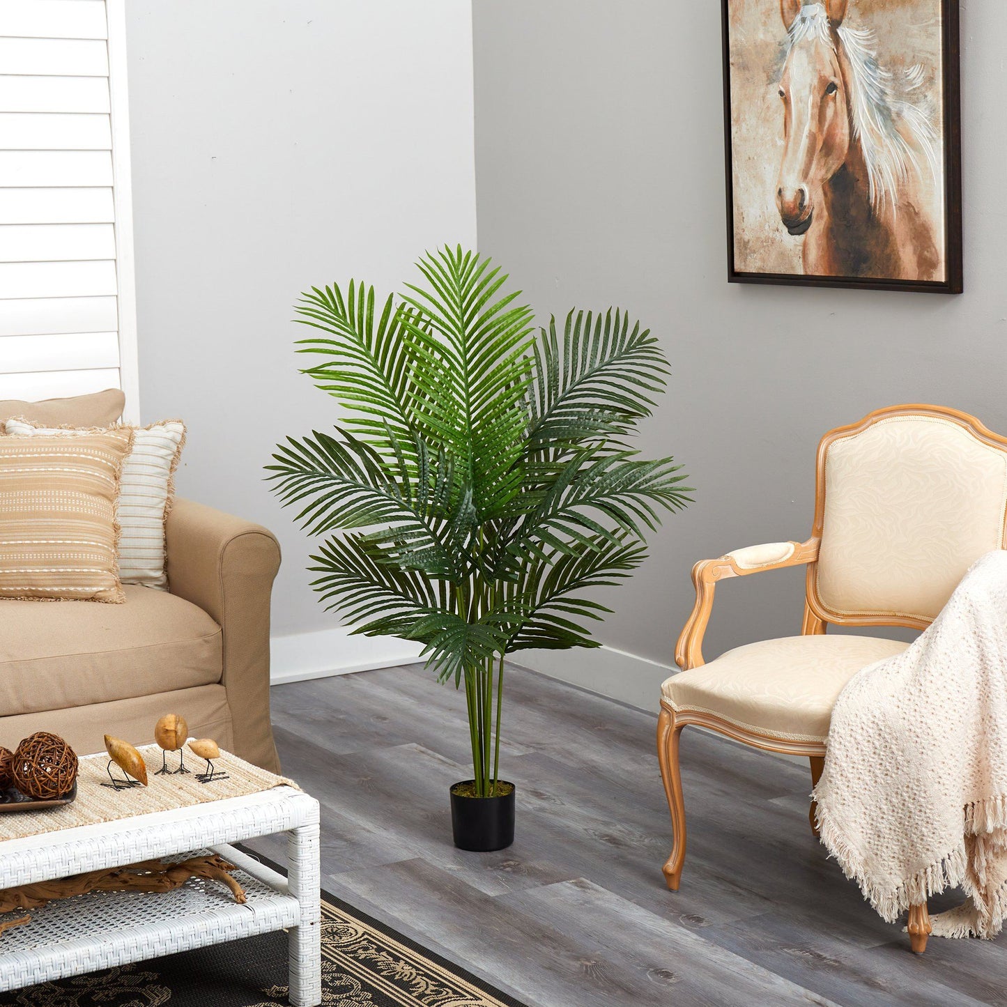 4’ Artificial Paradise Palm Tree by Nearly Natural with green palm fronds in a black pot on Tampa Home & Garden Store