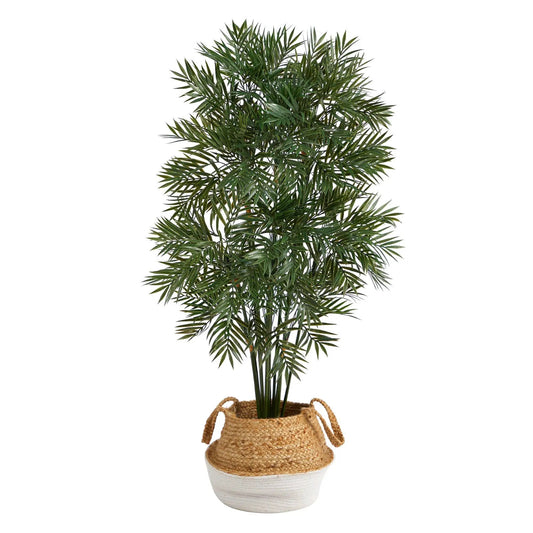 Parlor Palm artificial tree in a boho woven basket planter with rope handles on Tampa Home & Garden Store